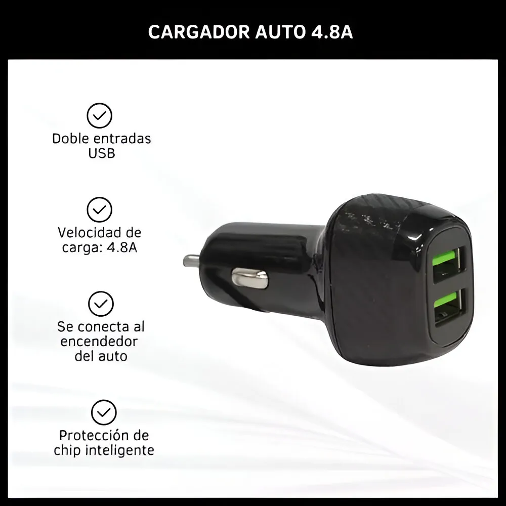 Cargador de Auto 4.8A con Cable V8 X2 USB