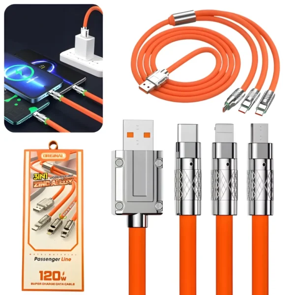 Cable USB 3 en1 Salida Tipo C Lightning Micro 120W Cable USB 3 en1 Salida Tipo C/Lightning/Micro 120W