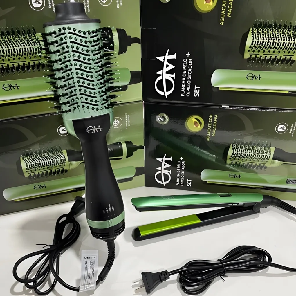 Set Plancha de Pelo y Cepillo Secador Aguacate OM