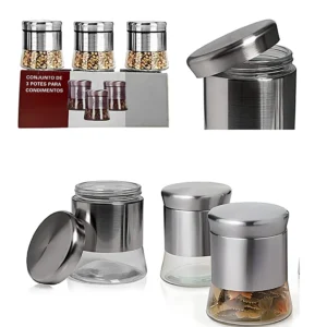 Conjunto de 3 Potes Vidrio y Recubrimiento metálico Para Condimento JK-4505