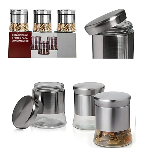 Conjunto de 3 Potes Vidrio y Recubrimiento metálico Para Condimento JK-4505