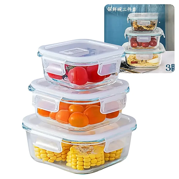 Set de Tuppers de Vidrio Hermeticos x3Pcs 390ml + 520ml + 800ml HOG0370