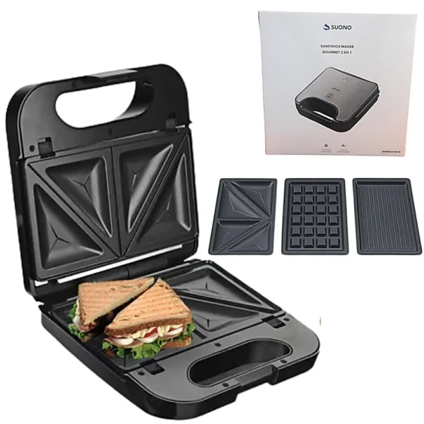 Sandwichera 3 en 1 SUONO Antiadherente Acero Inox Color Negro 850W