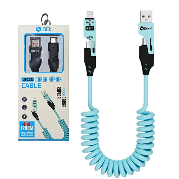 Cable 4 en 1 USB+ Tipo C + Iphone Diseño Espiral Elastico IBEK CB2527